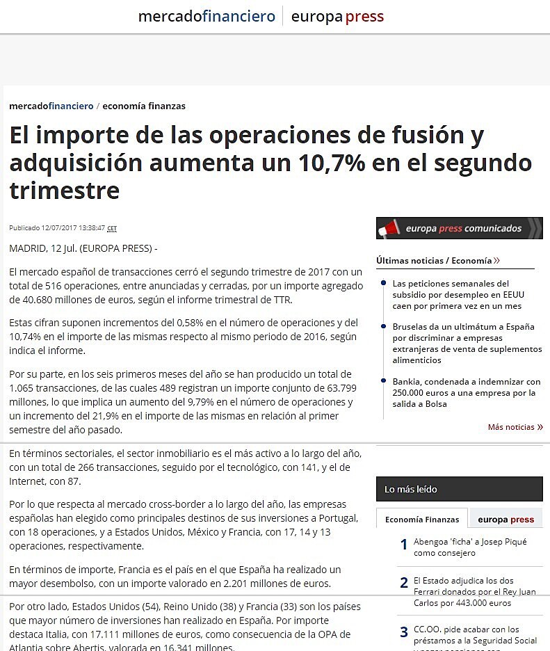 El importe de las operaciones de fusin y adquisicin aumenta un 10,7% en el segundo trimestre